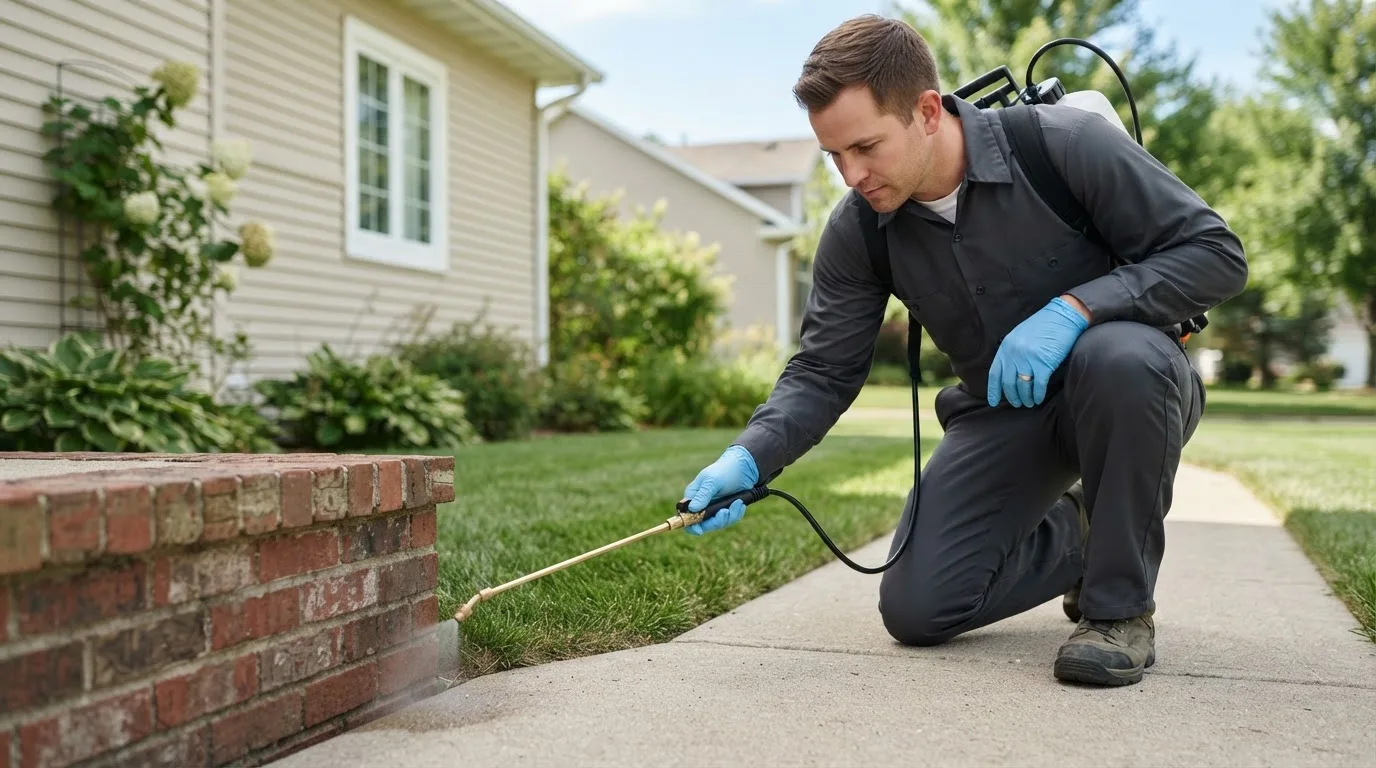 Pest control technician treating a home near Bellingham, MN
