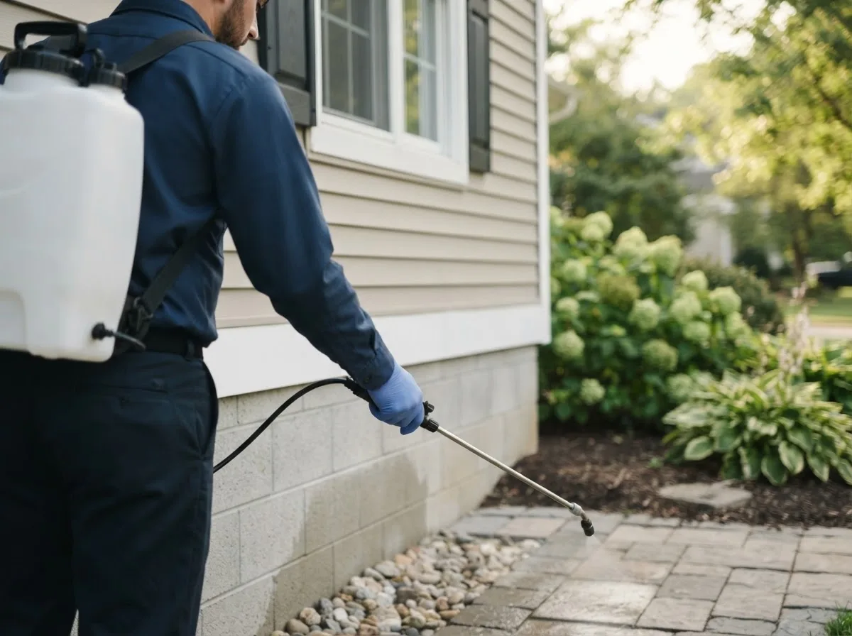 Pest control technician inspecting a home in Bellingham, MN